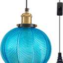 Blue Glass Plug-in Pendant Light, Farmhouse Hanging Lights with in Cord Globe Glass Hanging Lamp with a Switch Wire for Dining Room Bedroom Kitchen Island E26