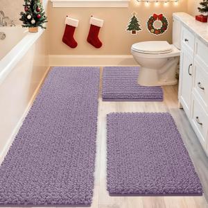 ACCUMTEK Upgrade Extra Large Lavender Bathroom Rug Set 3 Pieces Ultra Soft, Thick Absorbent Bath Mats, Non Slip Chenille Toilet Mat for Bathroom, Bedroom, Kitchen (4'1'8"+ 2'x1'5"+ U Shape 1'8"x2')