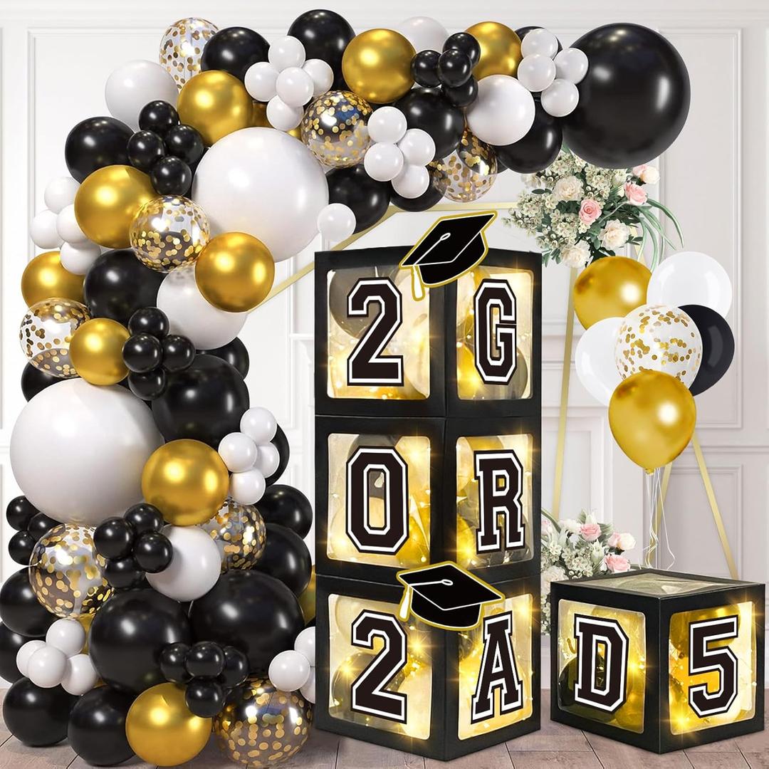 DAZONGE 2025 Graduation Decorations Black and Gold - Set of 4 Grad Boxes with 139pcs Balloon Arch Garland Kit & 4 Light Strings - So Proud of You 2025 Graduation Party Decorations for Any Grades