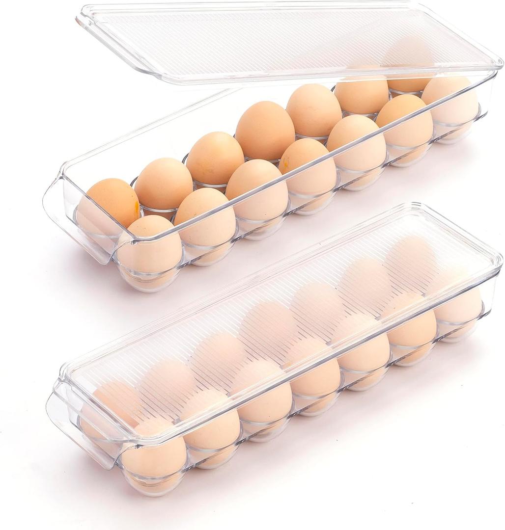 2 Packs Egg Holder for fridge with Lid, Egg Container For Refrigerator Plastic Organizer Bins,Clear 28 Eggs Trays for Home/Kitchen Storage (28 Eggs, 2 Packs)