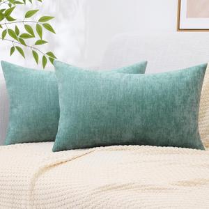 decorUhome Chenille Aqua Haze Throw Pillow Covers 12x20 Inch Set of 2, Decorative Soft Couch Pillow Covers Solid Dyed Accent Farmhouse Neutral Rectangle Pillow Cases for Sofa Bed Living Room