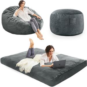 ILPEOD Bean Bag Chairs for Adults - Giant Bean Bag Convertible Floor Sofa | 3 IN 1 Lounger Couch Sofa, Memory Foam Filling, Removable Velvet Cover, Machine Washable, Bedroom Living Room, Full Charcoal