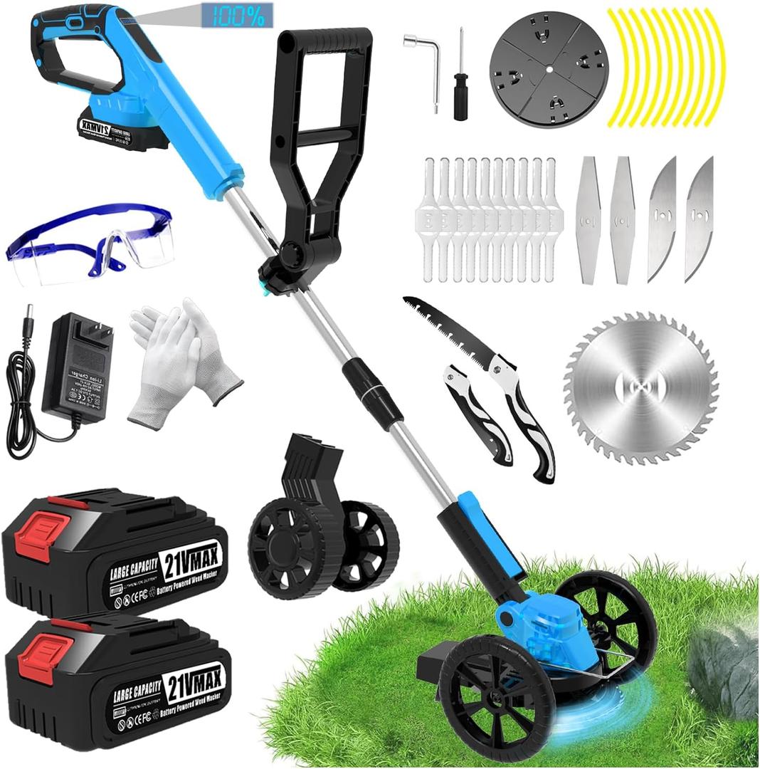 Electric Weed Wacker Cordless Eater, Battery Powered No String Grass Trimmer with 2 21V/2Ah Battery Operated&5 Types Blade&Wheels, Lightweight Weed Trimmer/Edger Lawn Tool/Brush Cutter for Garden Yard