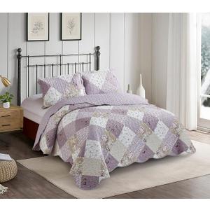 Brilliant Sunshine Lilac and Beige Rose Patchwork, 3-Piece Quilt Set with 2 Shams, Reversible Bedspread, Soft Lightweight Coverlet, All-Season, Full/Queen, Lilac