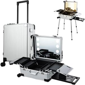 22'' Aluminum Trolley Rolling Makeup Train Case with LED Light Mirror Professional Cosmetic Travel Box with Bluetooth Speaker Make up Cosmetic Organizer Studio Nail Salon Beauty Vanity Silver