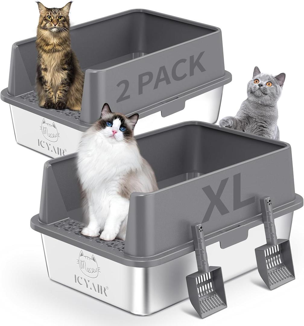 2PACK Stainless Steel Cat Litter Box with High Sides Lid, Extra Large XL Litter Box for Big Cats, Metal Kitty Litter Boxes with Anti-Leakage Enclosure,Non-Stick,Odorless,Scoop Included (2PK-Dark Grey)