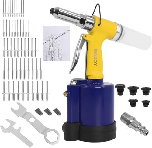 Wadoy Heavy Duty Air Rivet Gun Kit - Professional Pneumatic Pop Riveter with 5 Nosepieces (1/4", 3/16", 5/32", 1/8", 3/32") & 50PCS Rivets, 3916lbs Pulling Force, 1/4" NPT Industrial Air Rivet Gun