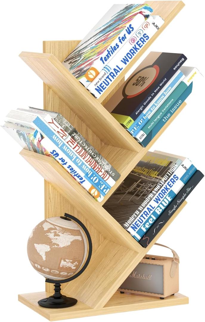 SHEEPAM 5 Tier Tree Book Shelf, Small Desktop Bookshelf with Storage Organizer, Wood Bookcase, Desk Display Bookshelves, Floor Standing Organizer Bookcases for Living Room, Bedroom, Office-Natural