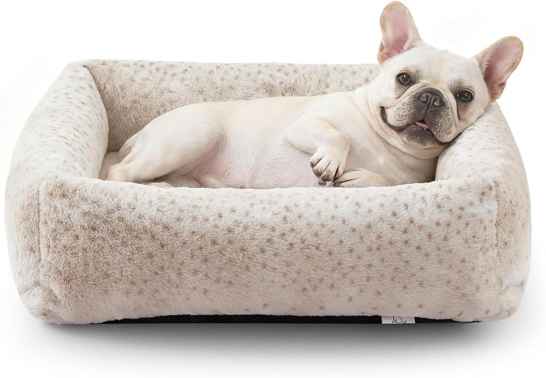 JOEJOY Small Dog Bed for Small Dogs, Removable Washable Cover Orthopedic Soft Faux Rabbit Fur Pet Bed, Anti-Slip Fluffy Plush Puppy Bed, 20"x19"x6", Leopard Print, Beige