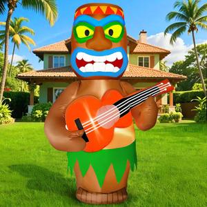 TURNMEON 6 FT Inflatable Tiki Playing Guitar Outdoor Luau Hawaiian Tropical Party Decoration, Built-in LED Lights Blow up Tiki Man Bar Decor for Yard Lawn Garden Beach Summer Pool Party Favor Supplies