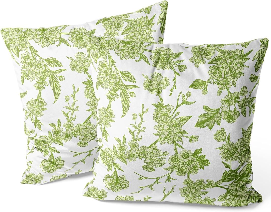 Green and White Floral Throw Pillow Covers, 2 Sets 18X18 Inch Decorative Throw Pillow Cases, Soft Cushion Case for Room Home Decoration