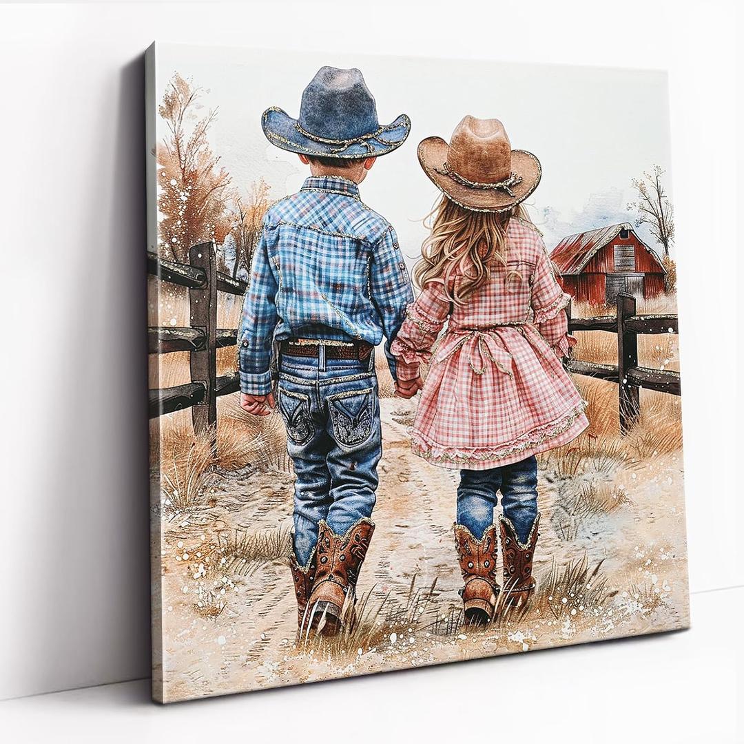 DRLWGTY Farmhouse Western Wall Art, Cowboy Kids Ranch Canvas Painting with Hand-Painted Texture Accents, Rustic Country Wall Decor for Living Room Bedroom, Ready to Hang, 24L"24W"