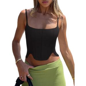 REORIA Women's Sexy Square Neck Trendy Sleeveless Adjustable Spaghetti Strap Corset Tank Crop Tops (Large, Black)