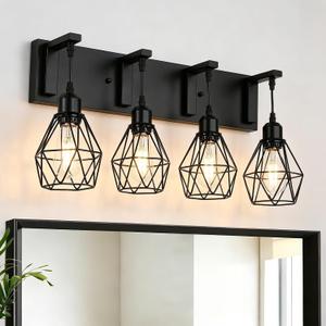 Somniferous 4 Light Bathroom Vanity Light, Farmhouse Bathroom Light Fixtures Over Mirror, Black Vanity Light with Caged Metal Shade, Rustic Wall Light Fixture for Bedroom, Living Room, E26 Socket