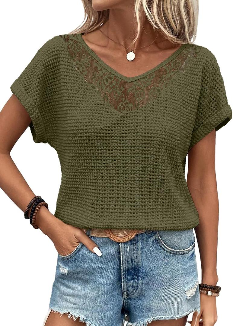 Dokotoo Women's Casual 2026 Waffle Knit Hollow Out Lace Tops Short Sleeve V Neck Loose Fit Shirts Blouses (Green, M)