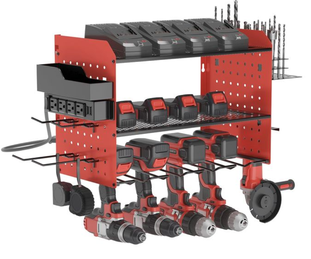 Solatmos Power Tool Organizer Charging Station With Light Angle Grinder Holder, Heavy Duty 3 Layer Drill Holder,1 Screw Boxes,4 Hooks,Tool Battery Holder Built in 4 Outlet Power Strip (red)