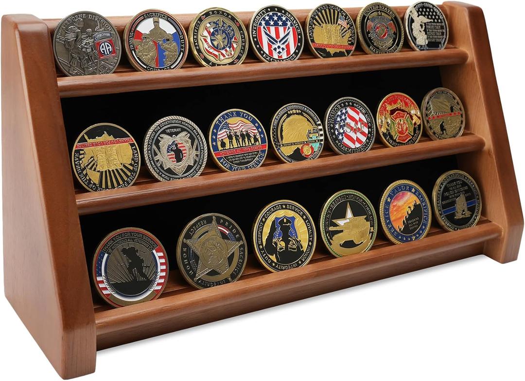 Challenge Coin Display Case, 3 Rows Solid Wood Military Coin Holder Rack Stand Holds 20 Coins for Desk or Wall Mount, Coin Holders for Collectors (Walnut Finish)
