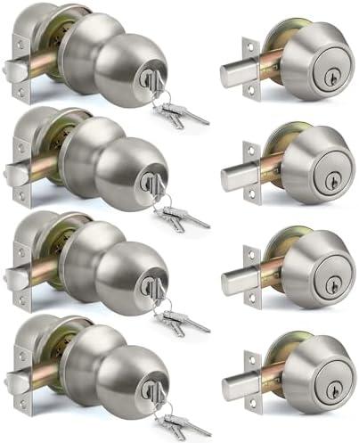 BESTTEN 4 Pack All Keyed Same Exterior Door Knob with Key Lock and Deadbolt, for Entrance and Front Door, Satin Nickel