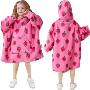 MIZZEO Kids Wearable Blanket Hoodie, Oversized Sherpa Wearable Blanket with Hood Pocket and Sleeves for Toddlers, Cute Hoodies 2-6 Year Old Girls Youth Birthday Gifts (Strawberry)