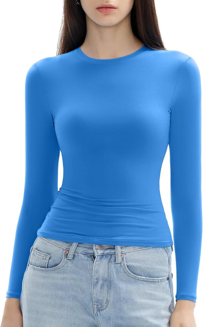Women's Long Sleeve Shirts Crew Neck Slim Fit Going Out Tops Basic Tees Barely There Collection (Medium, Azure)