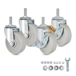 M10 Threaded Stem Caster Wheels, 3 Inch Heavy Duty Swivel Casters with Brake, 360 Rotation, Quiet & Smooth Rolling, Replacement Wheels for Workbench, Furniture, Carts, and Shelving (Set of 4)