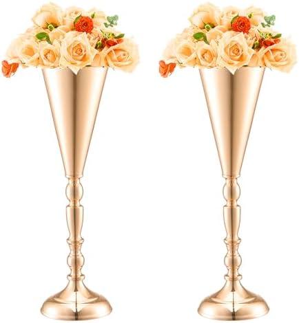 VEVOR 10PCS 43cm/16.9” Tall Wedding Flower Vase, Metal Wedding Trumpet Centerpiece, Gold Floral Stand Display Rack for Tables Wedding Dinner Party, Anniversary Ceremony Birthday Event Decor