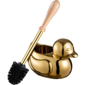 Gold Duck Toilet Brush and Holder Set,Non-Slip Handle Toilet Bowl Brush with Wooden & Stainless SteelHandle, Practical Bathroom Accessories Cleaning Tools Set