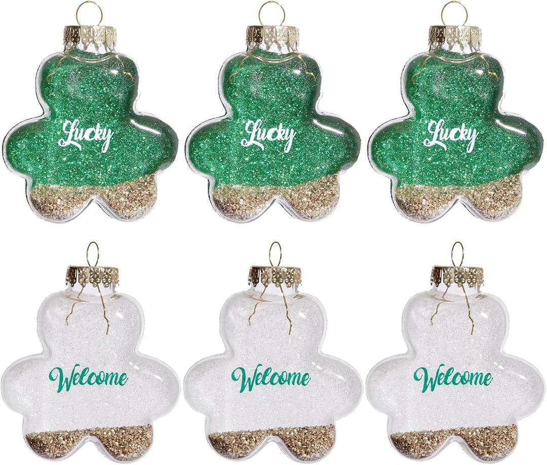 DN DECONATION St Patricks Day Decorations Shamrock Ornaments for Tree Mini Clover Lucky Irish Green Hanging Bauble for St Patricks Day, Glitter Glass Hanging Ornaments Ball for Irish Christmas Decor (Green & White - 6pcs)