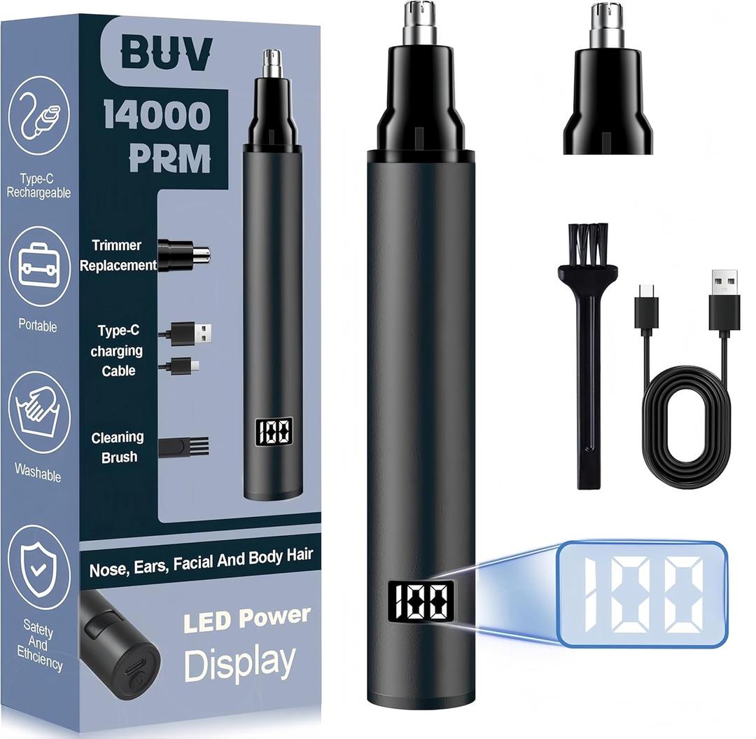 BUV Nose Hair Trimmer with LED Display- 2025 Professional Painless Ear Hair Trimmers for Men and Women, USB Rechargeable Nose Hair Trimmer Clipper, Black