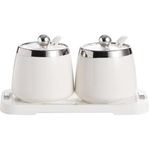 shuqiao Porcelain Condiment Jar Spice Container with Lid - Ceramic Spoon, Plastic Tray is the best clay pot for your home, kitchen, counter. White, 280 ml (9.4 oz), 2-piece set (3, Square)