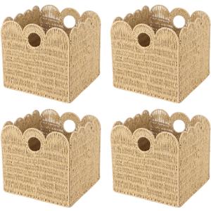 4 Pcs 12x12 Scalloped Wicker Storage Cubes - Woven Paper Rope Storage Baskets, Foldable Square Bins with Handles, Collapsible Containers for Shelves, Closets, 11.8×11.8×11.8"