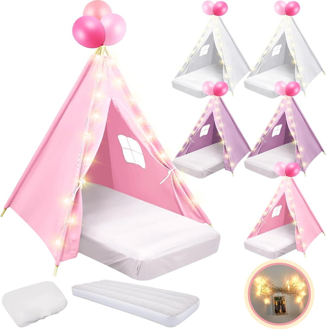 6 Pack Sleepovers Teepee Tent for Kids Bulk with Mattress Sheet Light,Natural Cotton Washable Indoor Play Tent for Birthday Slumber Party Girls Boys Pajama Movie Night Supplies(Pink, Purple, White), 61.81 x 25.98 x 7.09 inches