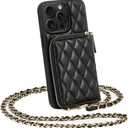 LAMEEKU for iPhone 15 Pro Case Wallet, Crossbody Wallet Purse with Card Holder, Quilted Leather Zipper Wrist Strap RFID Blocking Cover for Women for iPhone 15 Pro 6.1" Black