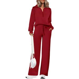 PRETTYGARDEN Women's 2 Piece Outfits Casual Lapel Half Zip Sweatshirts and Wide Leg Pants Tracksuit Sets (Medium, Wine Red)