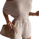 GEMLON Knit Lounge Sets for Women Boatneck Top Drawstring Shorts 2 Piece Outfits Summer (Small, Khaki)
