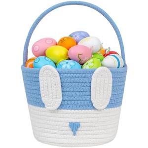 CubesLand Empty Easter Basket for Kids Babies Boys and Girls, Cute Easter Treasure Hunt Bunny Basket, Sturdy Cotton Rope Gift Basket, Egg Hunts, Festive Decor & Gift Ideas - Blue, Large