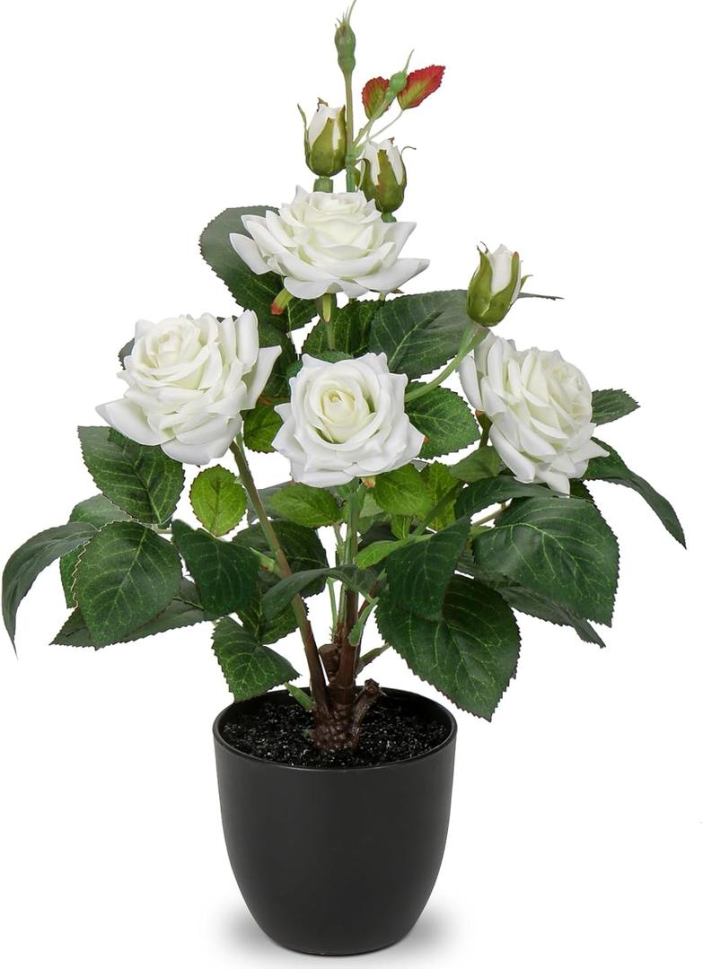 Hollyone Artificial Plants & Flowers with Vase White Roses Artificial Flowers Potted Plant Faux Silk Flower with Black Pot Fake Rose Flower Arrangement Home Decor Table Desk Decorations 15 Inch