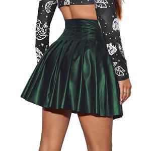 ABAFIP Women's PU Leather High Waist Pleated Flared A-Line Mini Short Skirt Club Festival Rave Outfits (Medium, Dark Green)