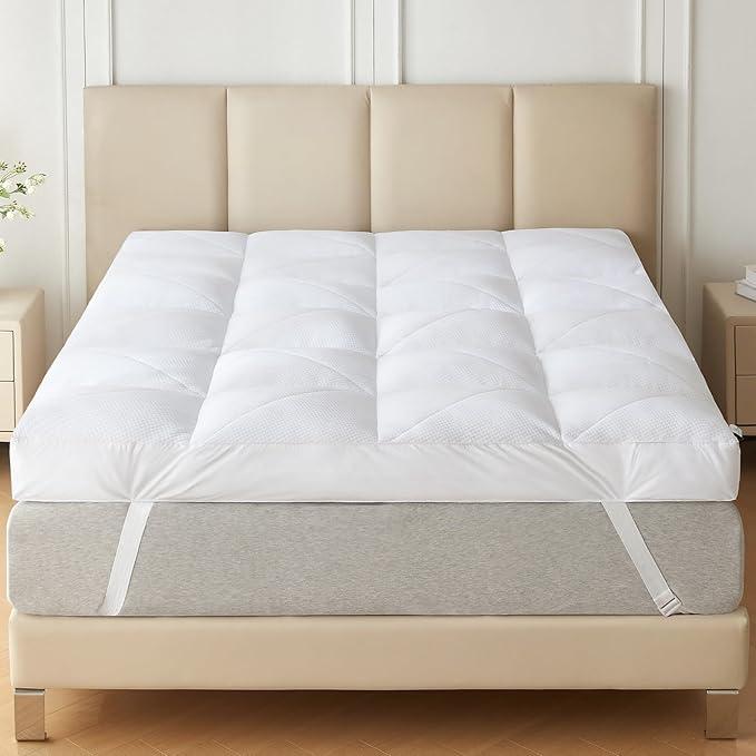 Dual Layer 5 Inch Goose Feather Mattress Topper King Size, 4 Inch Goose Feather Plus 1 Inch Down Alternative Pillow Top, Medium Firm Featherbed with Adjustable Straps(60×80", Diagonal)
