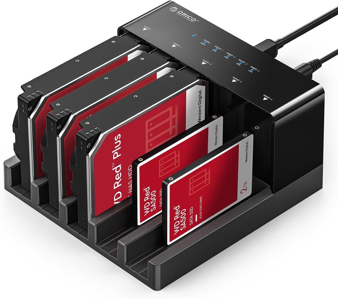 ORICO USB 3.0 5 Bay Hard Drive Docking Station with Offline Cloning for 2.5/3.5 SATA HDD SSDs Max Up to 90TB Plug and Play Flat-Down-6558US3-C