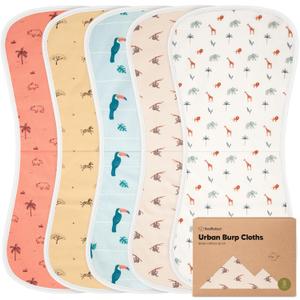 Organic Burp Cloths Baby Boy & Girl - 5-Pack Super Absorbent Cotton Burping Cloths for Babies, Soft & Plush Newborn Spit Up Rags, Infant Towels for Milk Spit Up, Unisex, Large 21" x 10" (Wildscape)