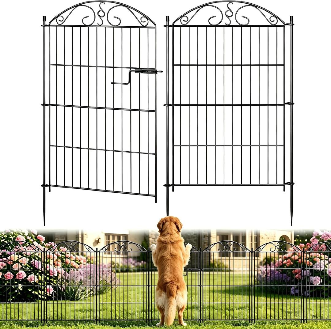 10 Panel No Dig Decorative Garden Fence with Gate 36" H x 23.6'L Dog Barrier, Rustproof Metal Temporary Dog Fence, Decorative Fencing for Flower Bed, Patio, and Pets