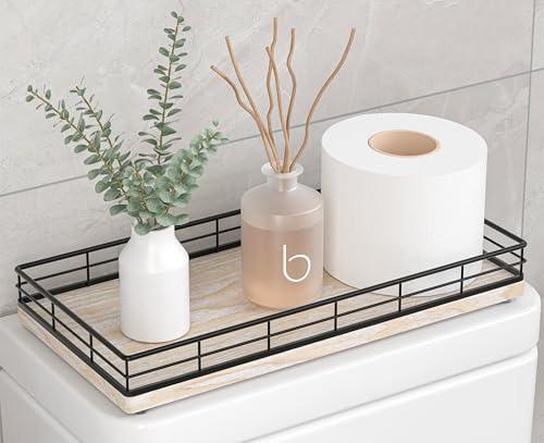 Toilet Paper Basket Organizer – Ash Wood Toilet Tank Tray with Metal Frame, Back of Tank or Top Bathroom Counter Storage – Black & Whitewashed Modern Decor