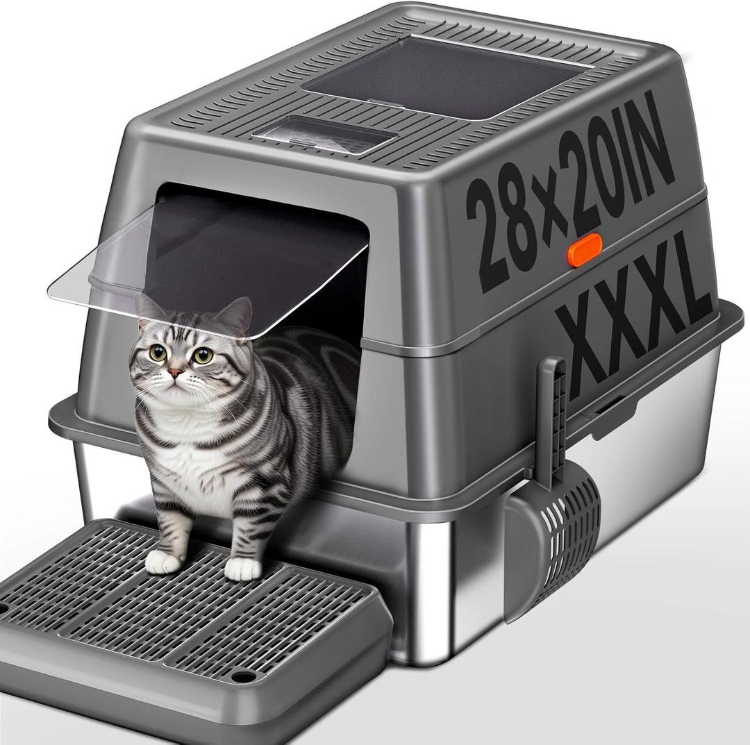 XXXL Stainless Steel Litter Box with Lid,28" L*20" W*18" H Extra Large Metal Cat Litter Box, Jumbo Enclosed Litter Box for Big Cats and Multi-Cat Households, Non-Sticky, Anti-Leakage, Easy to Clean