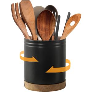 DOWAN 7.6" 360 Rotating Utensil Holder, Kitchen Utensil Holder for Countertop, Ceramic Utensil Crock, Large Cooking Utensil Caddy for Kitchen Counter, Protection Cork Bottom, Black