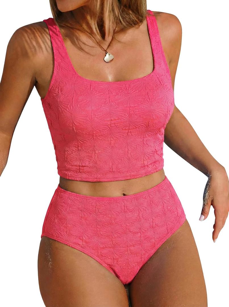 ZAFUL Womens Tankini Swimsuits Tummy Control Bathing Suits Two Piece Swimsuit Cute Textured Swim Top with High Waisted Bottom Swimwear 2025 Pink X-Large