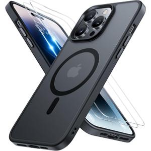 Miracase Magnetic for iPhone 14 Pro Max Case 6.7 inch (Compatible with MagSafe)with 2X Screen Protectors Military-Grade Protection, Anti-Fingerprint Translucent Matte Phone Case Cover, Black