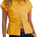 Cicy Bell Womens Summer Button Down Shirts Short Sleeve Petite Blouses Tops | Slim Fit, Casual Dressy, Ruched, Going Out (Yellow, M)