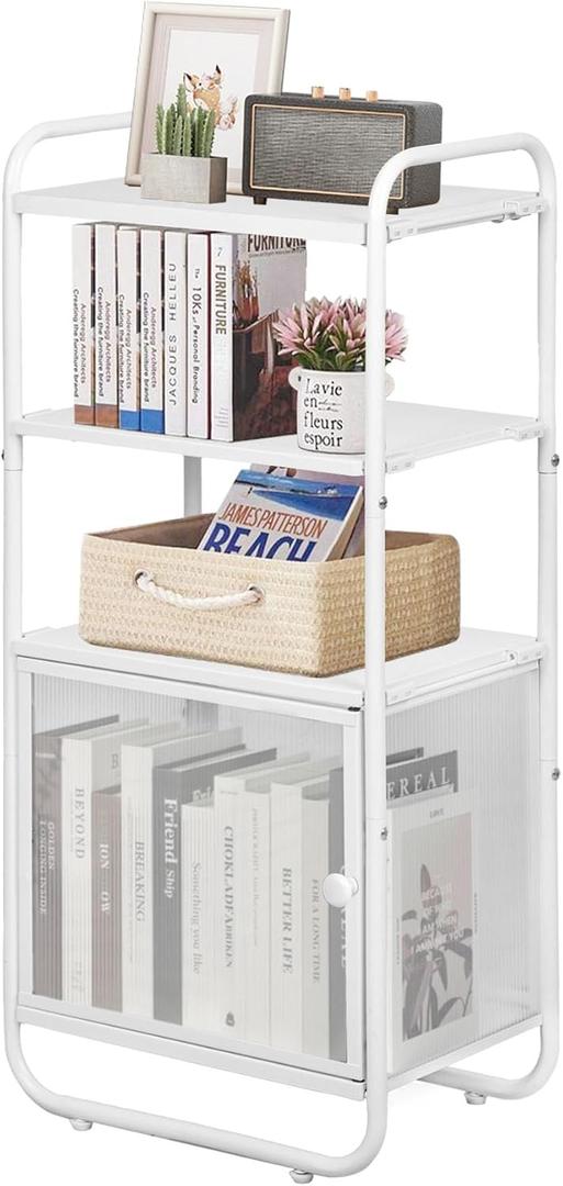 LOFTEY White Bookshelf, 4 Tier Metal Bookshelf, Narrow Bookcase with Door, Small Book Shelf Organizer for Office, Living Room, Bedroom, Kitchen