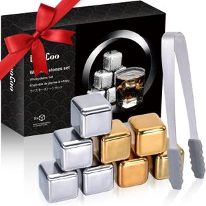 EooCoo Whiskey Stones Gift Set, Fathers Day Dad Gifts for Husband, 8 Pack Reusable Ice Cubes for Drinking, Men Whiskey Lovers, Bourbon, Cognac, Scotch, Gin, Wine Beverage (Square)